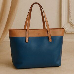 Fossil Blue & Tan Leather Shopper Tote — Style 100134